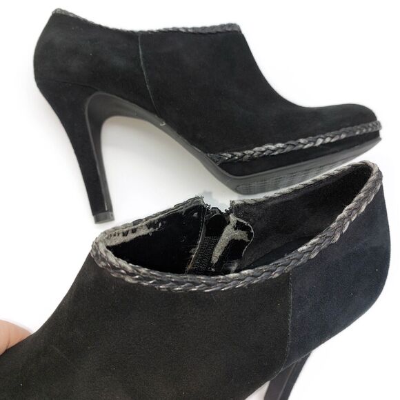 Antonio Melani Ankle Booties Sz 7M Black Heels Dante Suede Braided Trim Detail - Picture 10 of 12